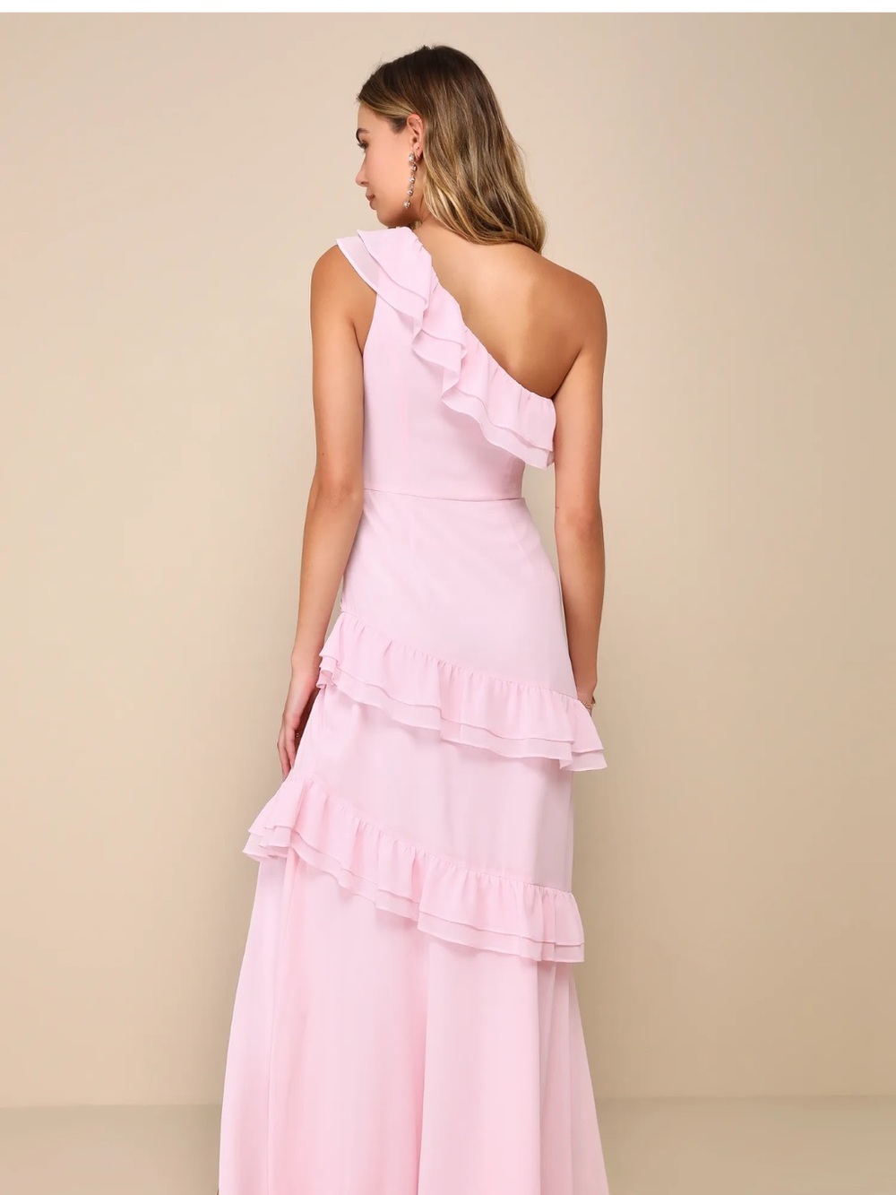 One-Shoulder Pink Ruffle Evening Gown - Picture 2 of 3